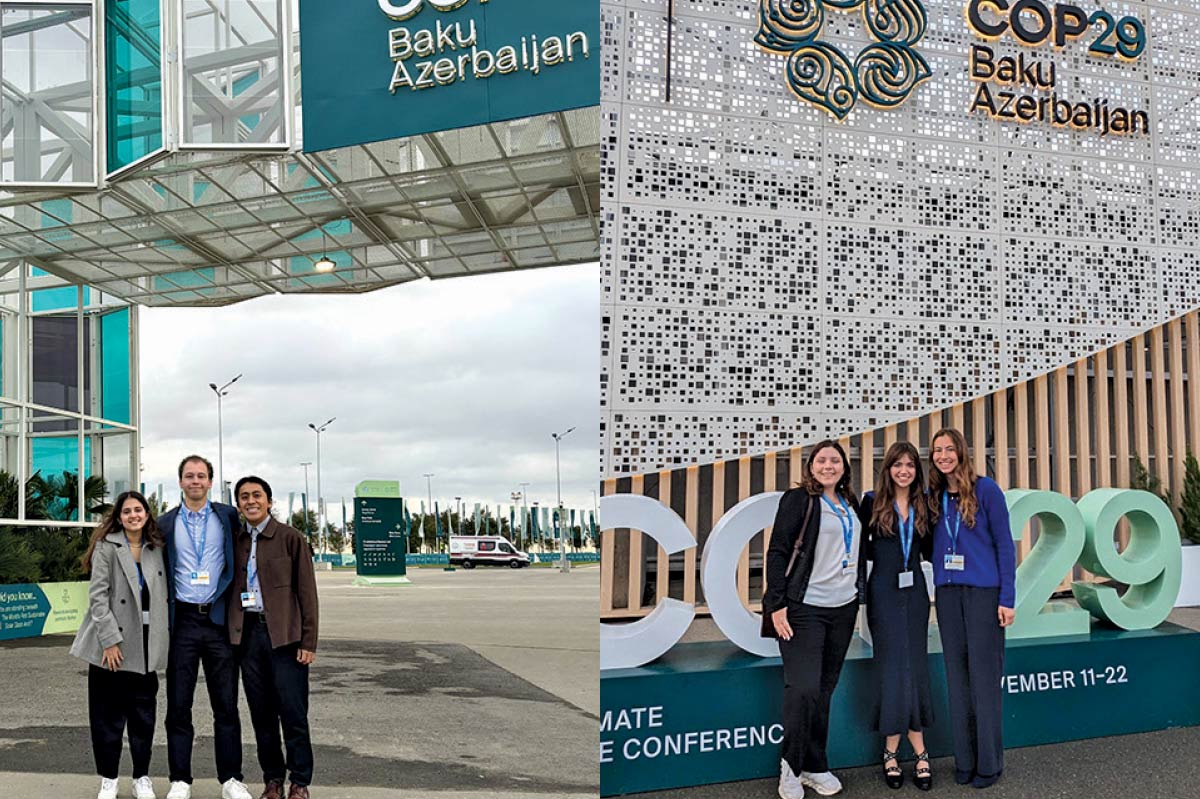 Students pose in front of the venue for the COP29 conference in Baku, Azerbaijan.
