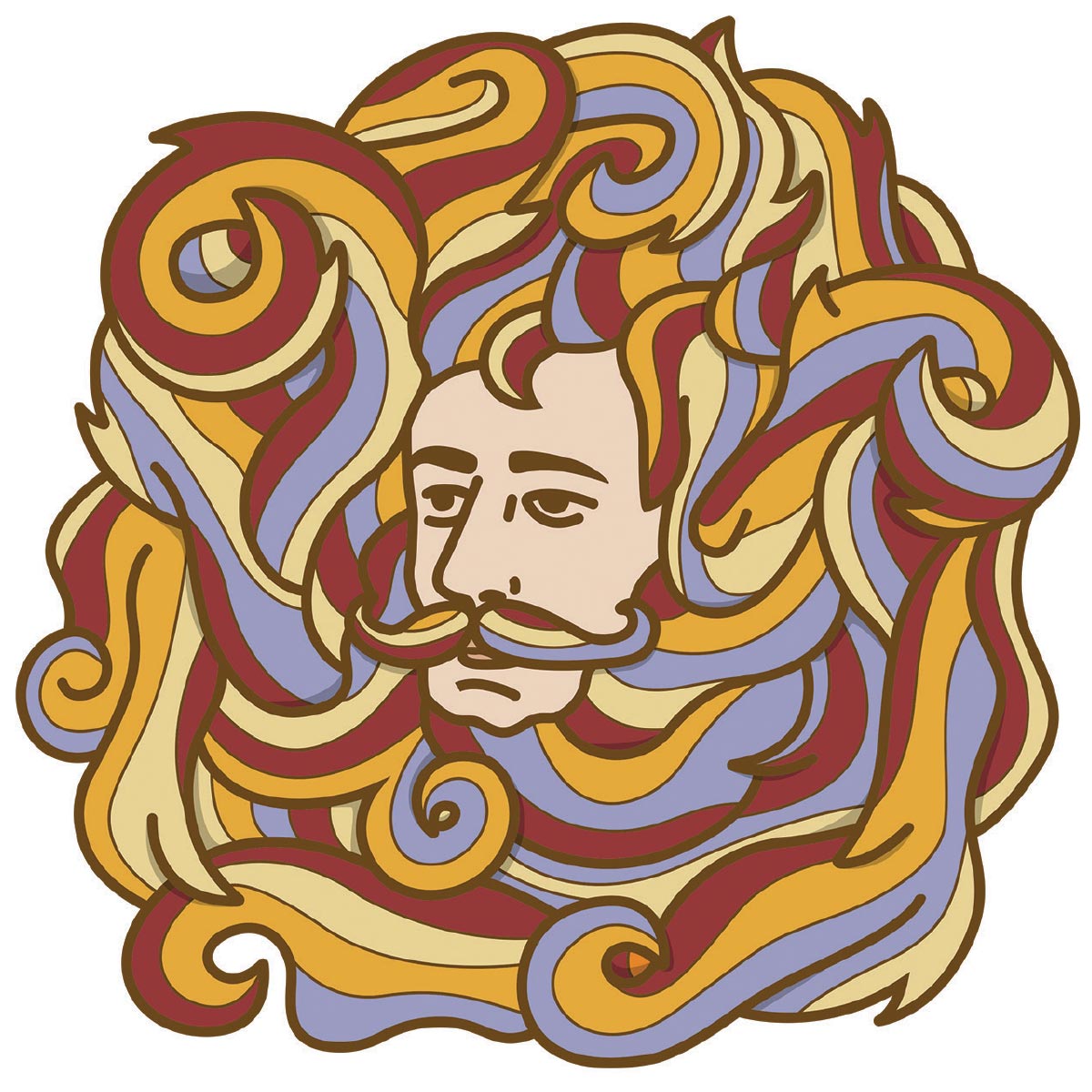 Illustration of a face barely visible under copious facial hair.