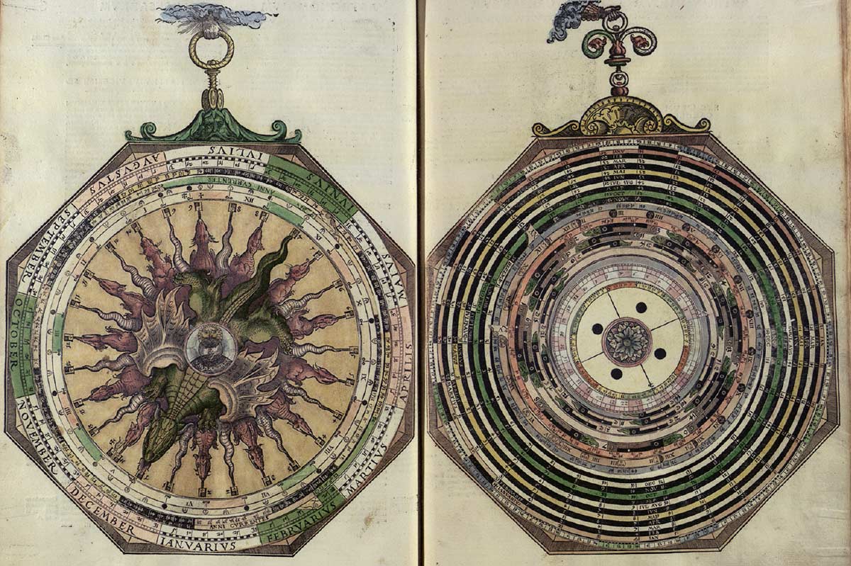 Concentric paper circles with green and purple highlights.