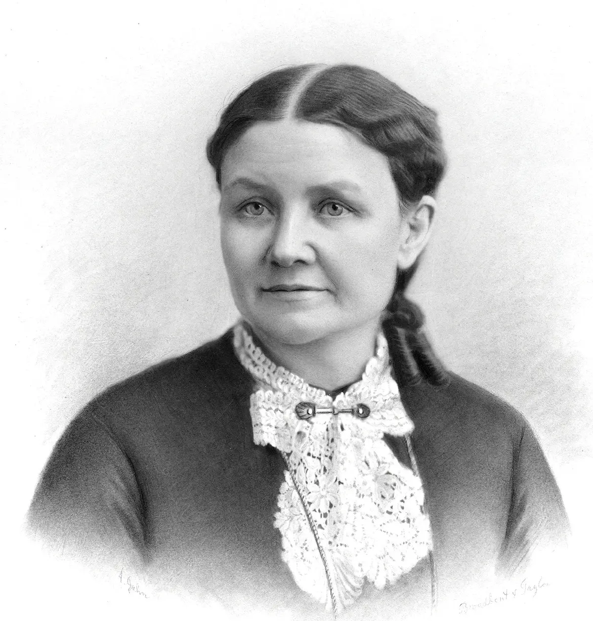 Black and white medium close-up (head and shoulders) of Caroline “Carrie” Burnham Kilgore.