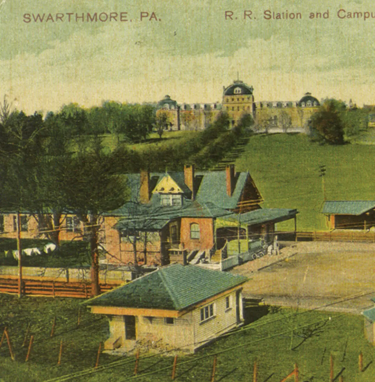 A hand-painted postcard of the Swarthmore train station.