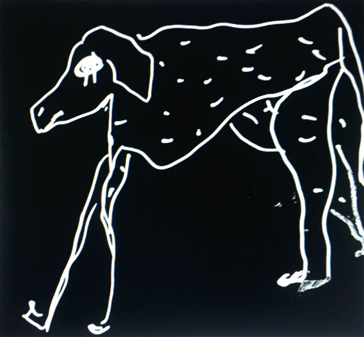 A white line drawing of a dog on a black background.