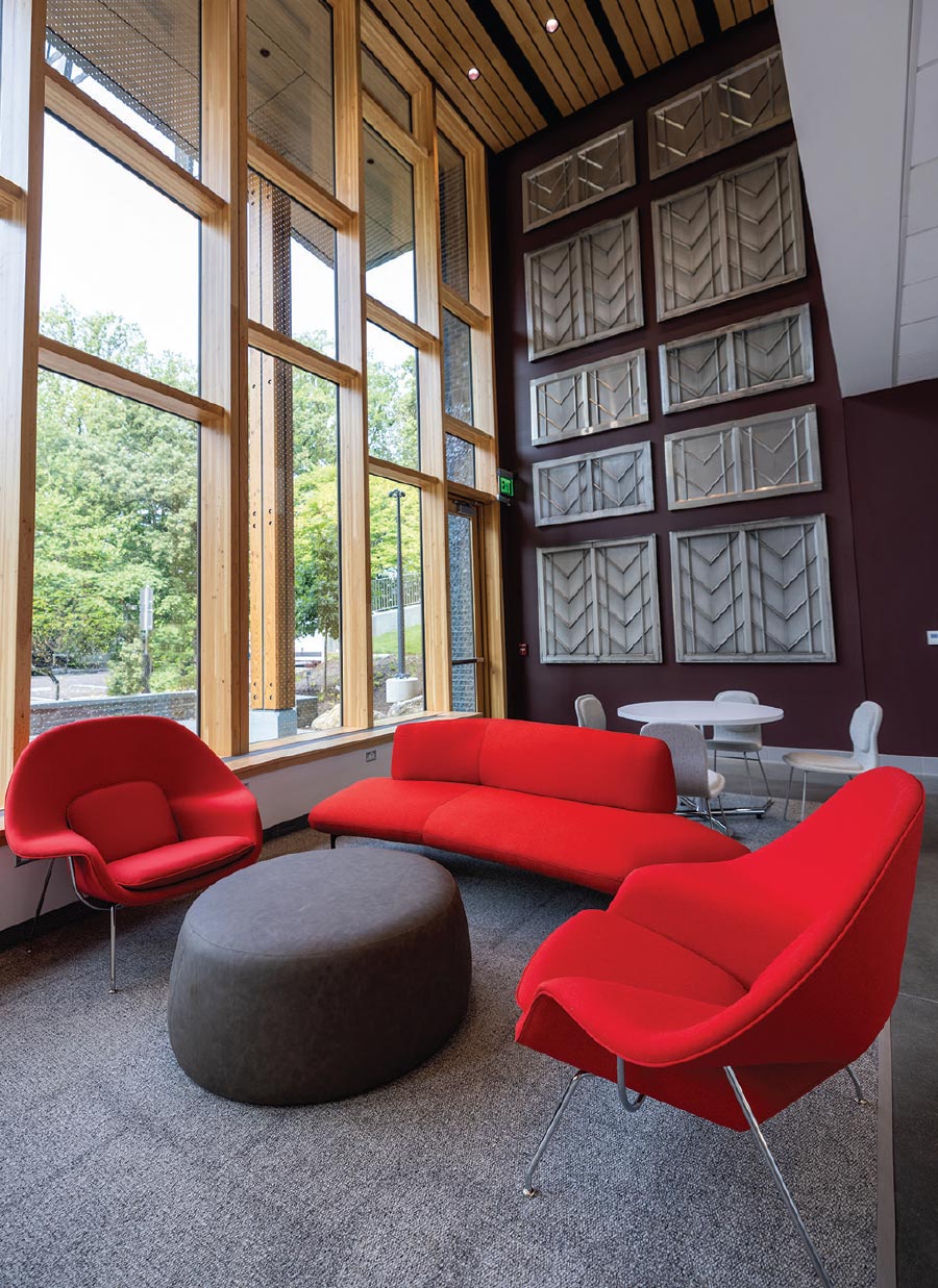 Red lounge chairs in a study space