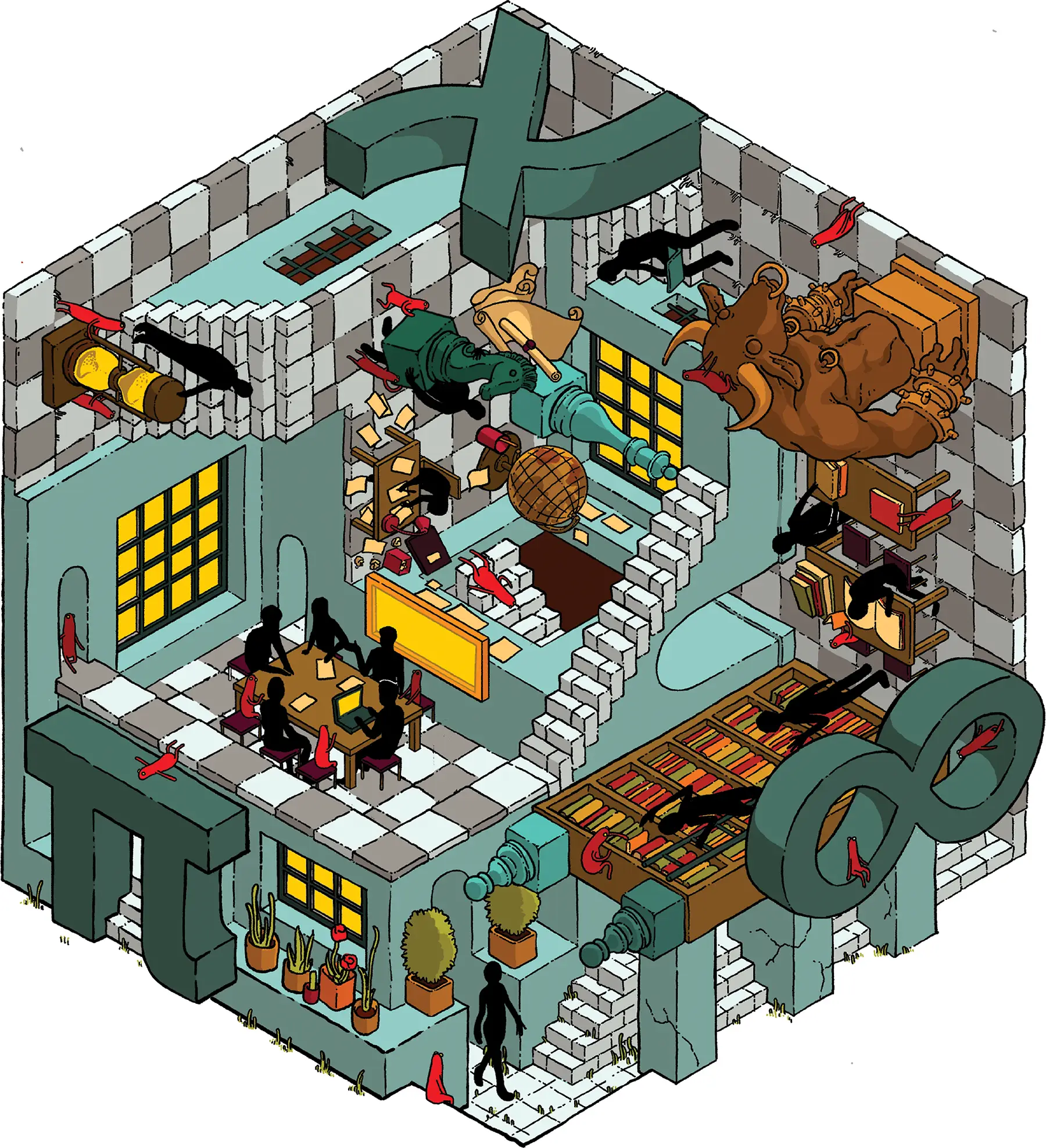 An M.C. Escher-like illustration of a library with barred windows, a minotaur, a globe, book shelves, giant chess pieces, study groups, scrolls, an hourglass, plants, stairways and figures in red and black.