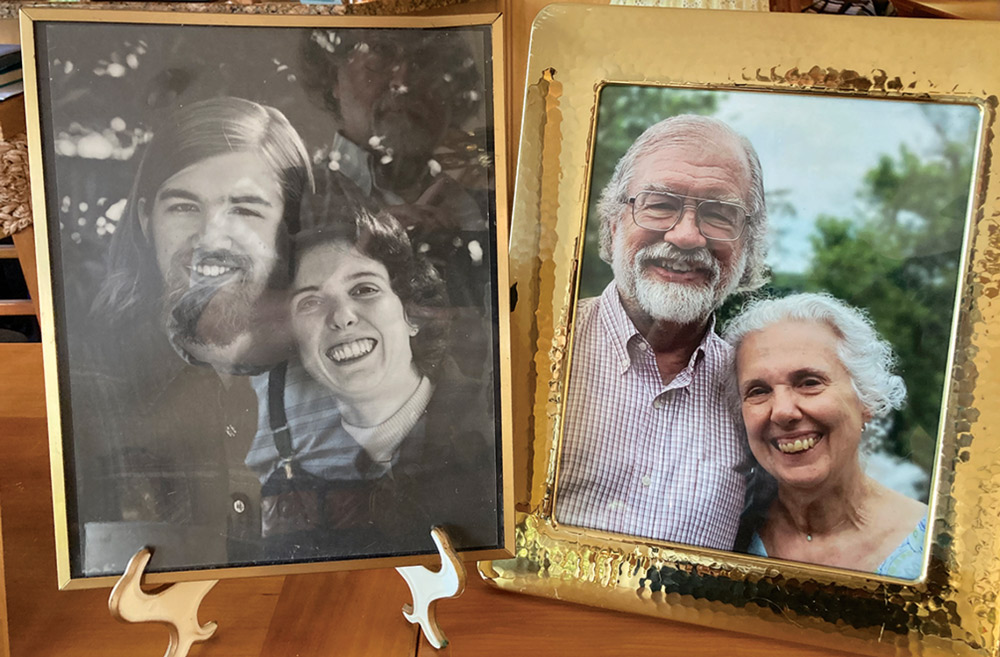 Then-and-now photos of Benjamin Kuipers ’70 and Laura Lein ’69. The older picture, probably taken in the late ’60s or early ’70s, is in black and white. The more recent photo is in color.