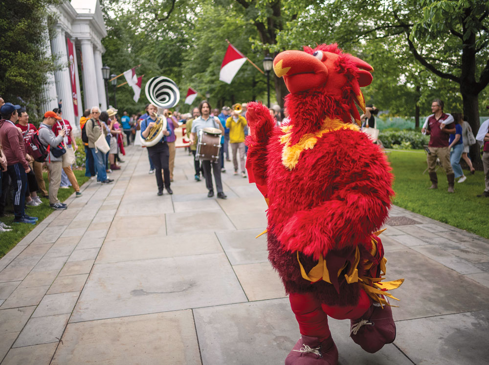 Phineas the Phoenix in front of Parrish Hall