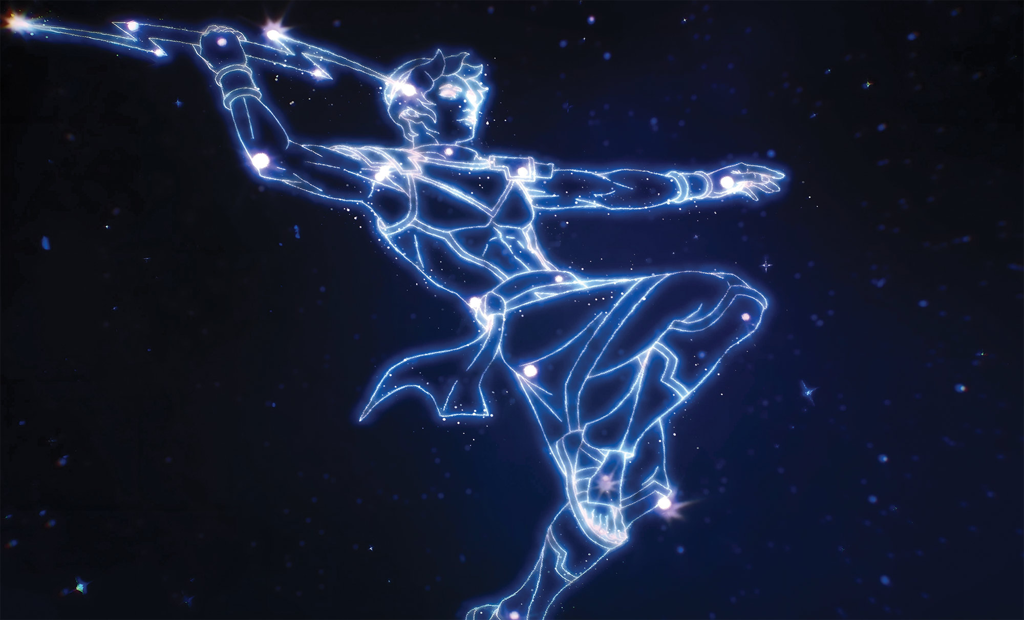 A constellation of stars reveals a figure, holding a lightning bolt and poised to throw it.