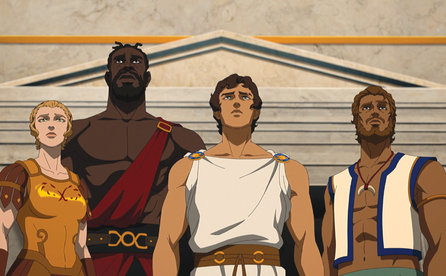 Four animated figures look up, wearing ancient Greek clothes. They appear to be, from left to right, a white woman, a bearded Black man, a white man, and a bearded brown man.