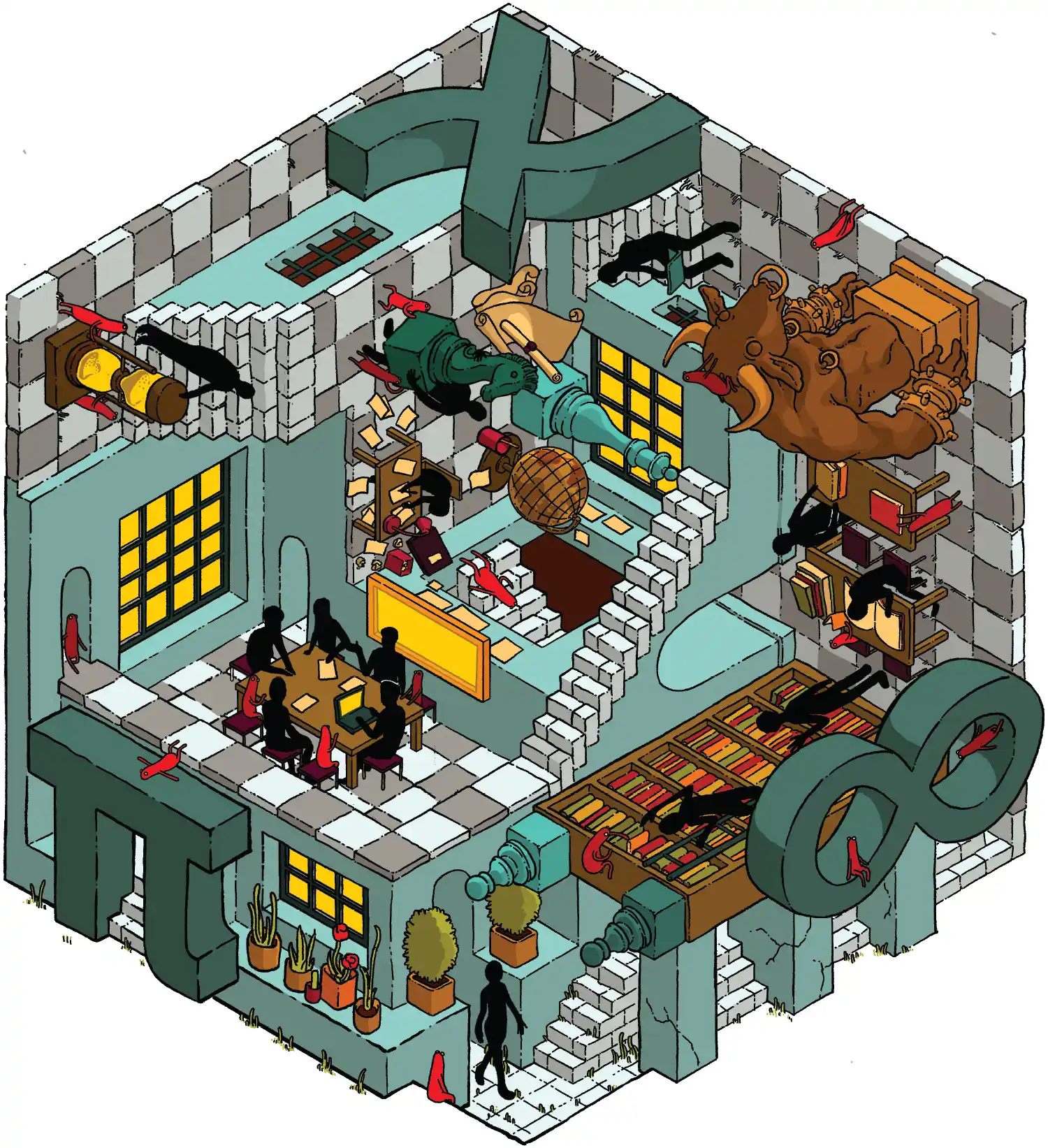 An M.C. Escher-like illustration of a library with barred windows, a minotaur, a globe, book shelves, giant chess pieces, study groups, scrolls, an hourglass, plants, stairways and figures in red and black.