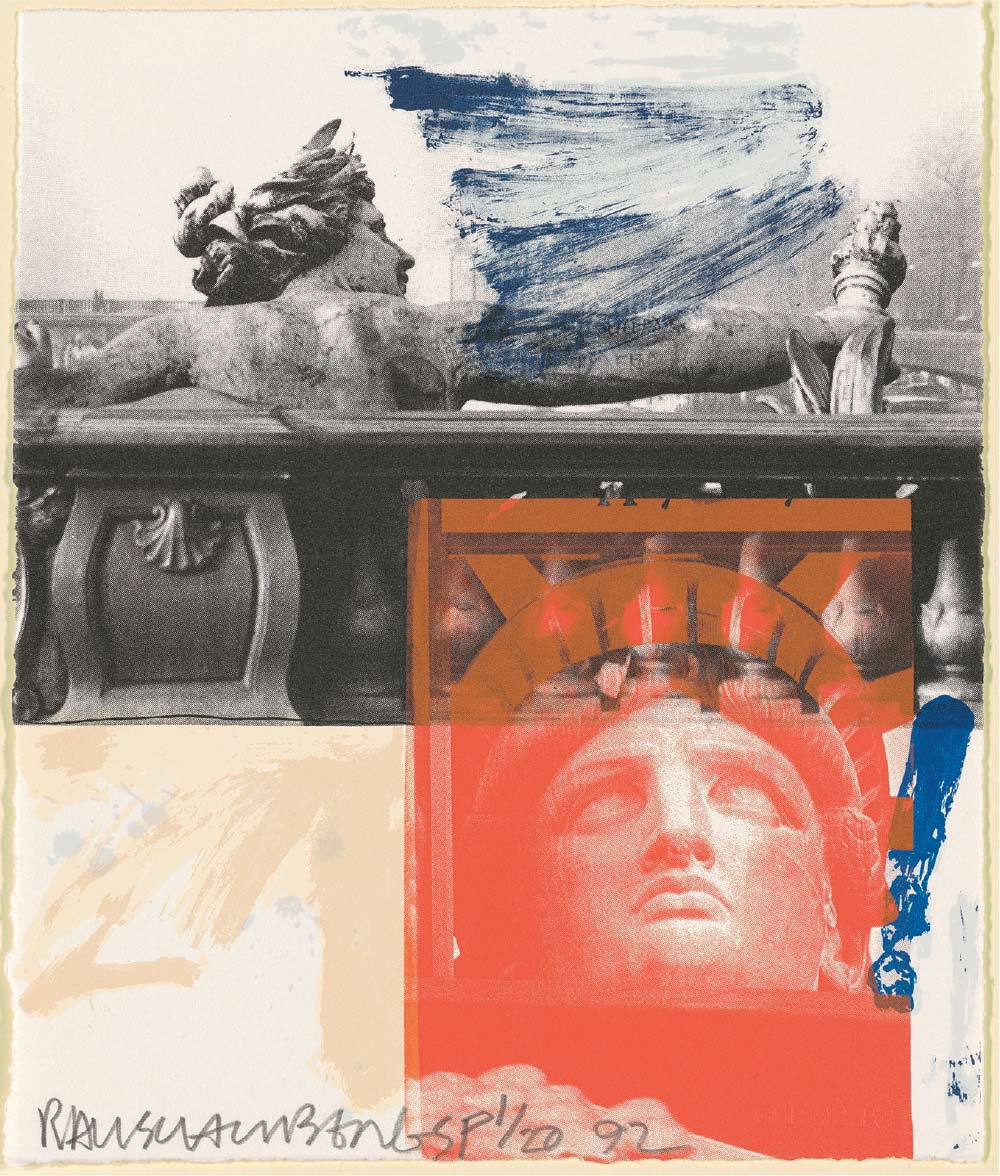 The top half of this image is a black and white photo of a statue, possibly the Statue of Liberty, from the back. In the bottom right corner, an orange image of the Statue of Liberty’s face is screenpainted. There are blue smudges of paint in the top right and by the Statue of Liberty’s orange face.