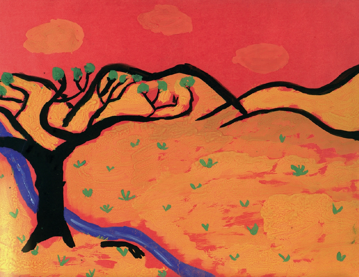 A children’s painting of a black tree with green leaves by a royal blue river. In the background are yellow-orange mountains and a red-orange sky.