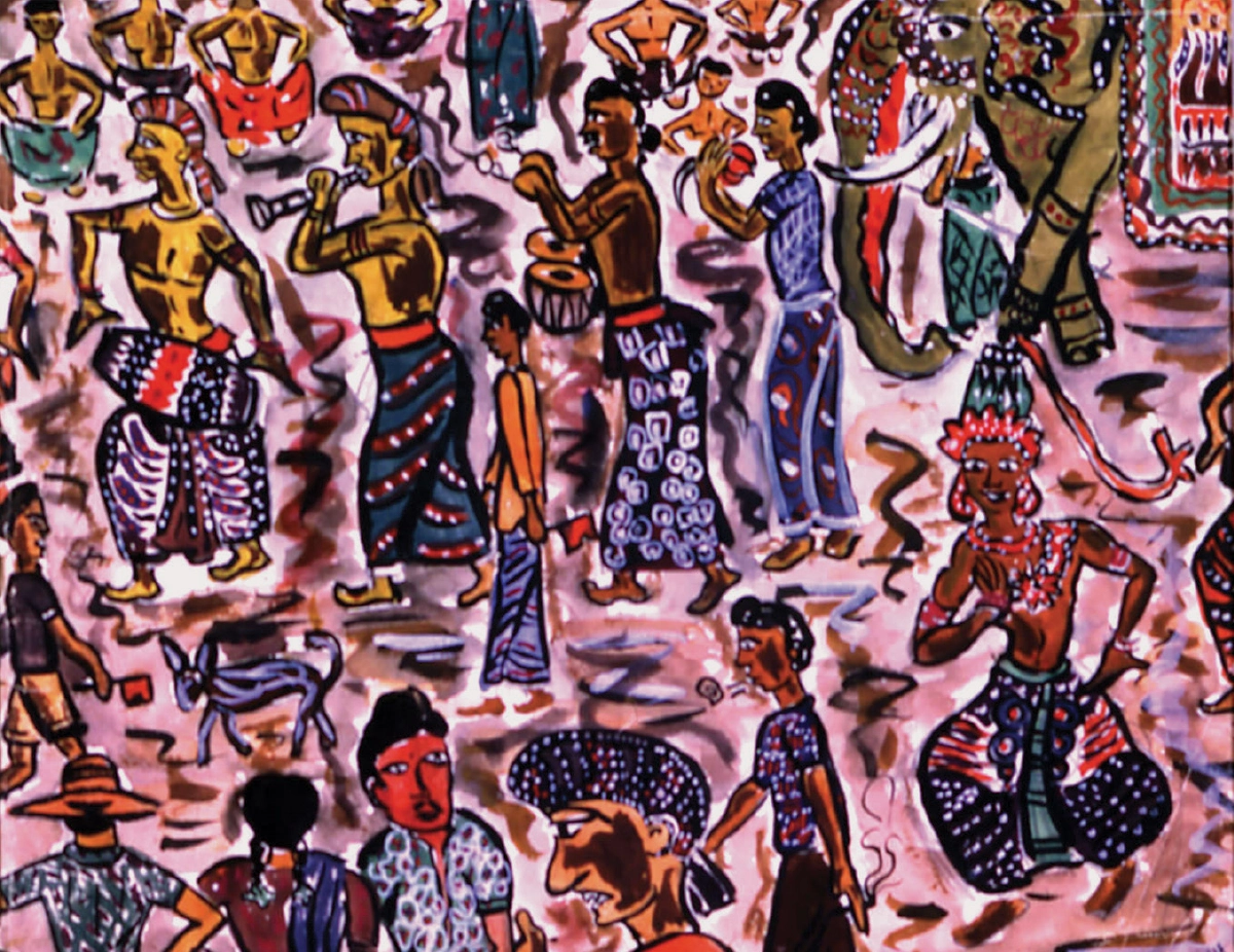 Several figures, wearing South Asian traditional dress, and an elephant walk towards the left from the right. Some of the central figures are playing drums and other instruments.