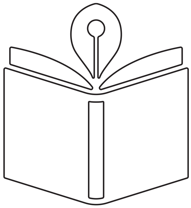 A simple line-art icon of an open book with a stylized, leaf-shaped bookmark or decorative element extending upward from the center binding