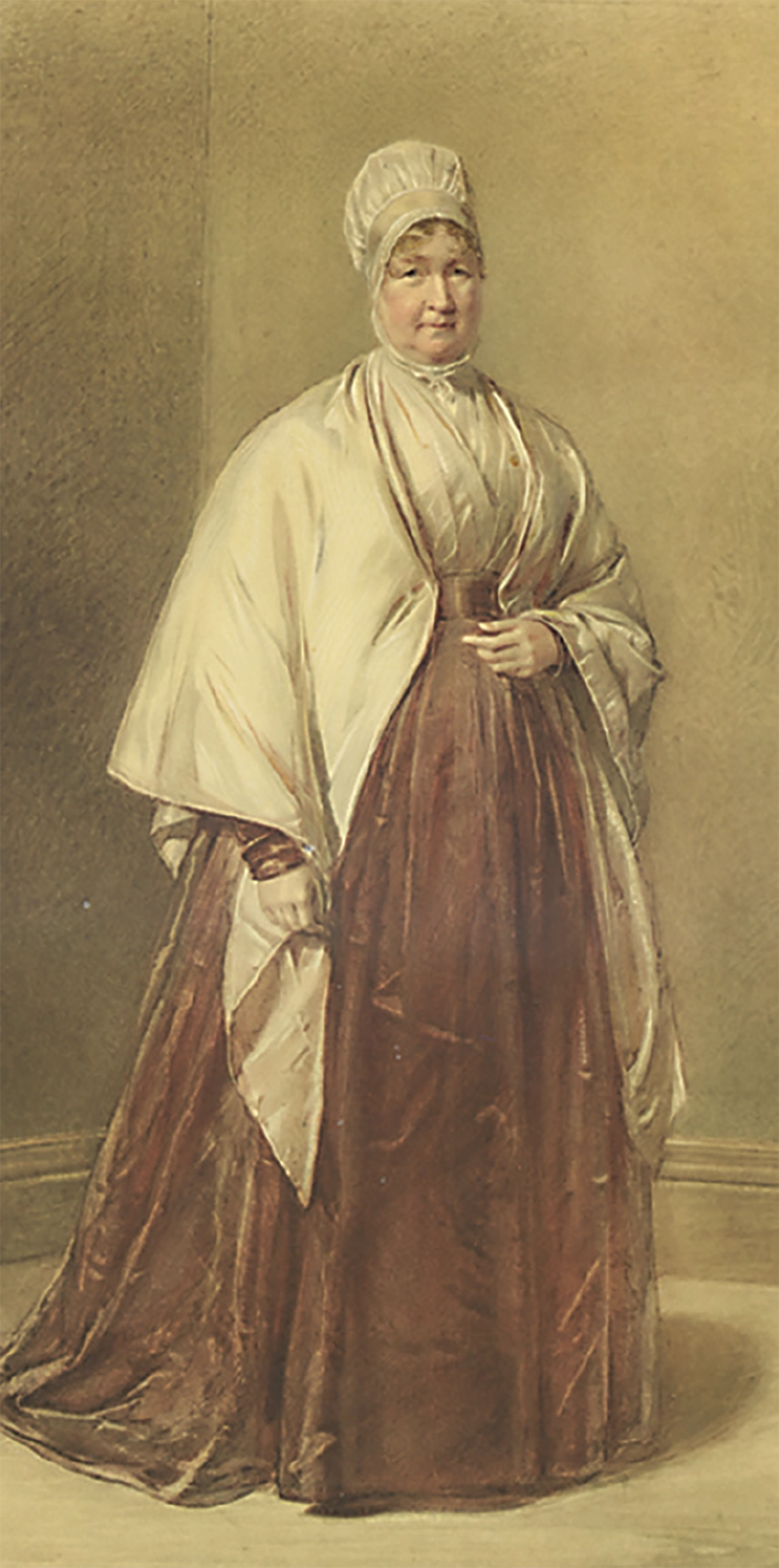 Painting of Elizabeth Gurney Fry standing in a brown skirt, white shawl, white shirt, and bonnet.