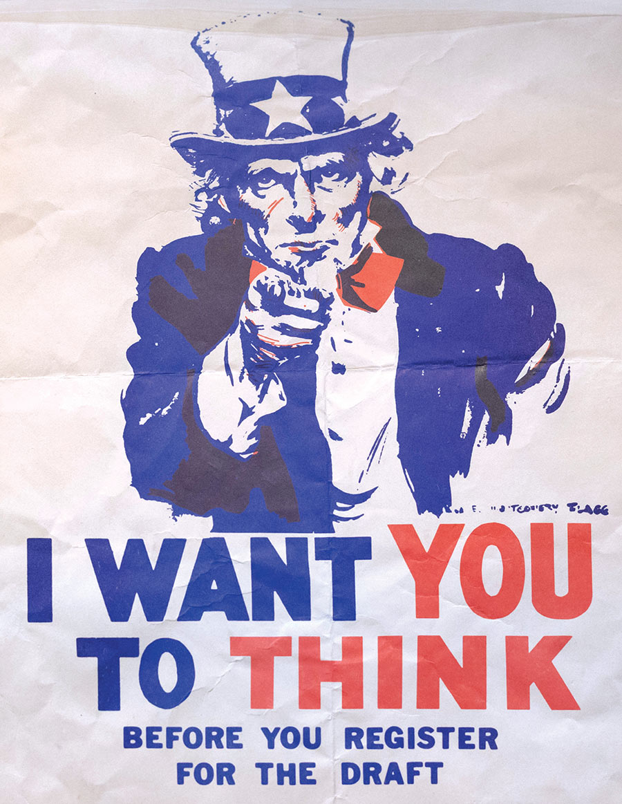A screenprint of Uncle Sam pointing at the viewer and saying "I want you to think before you register for the draft."