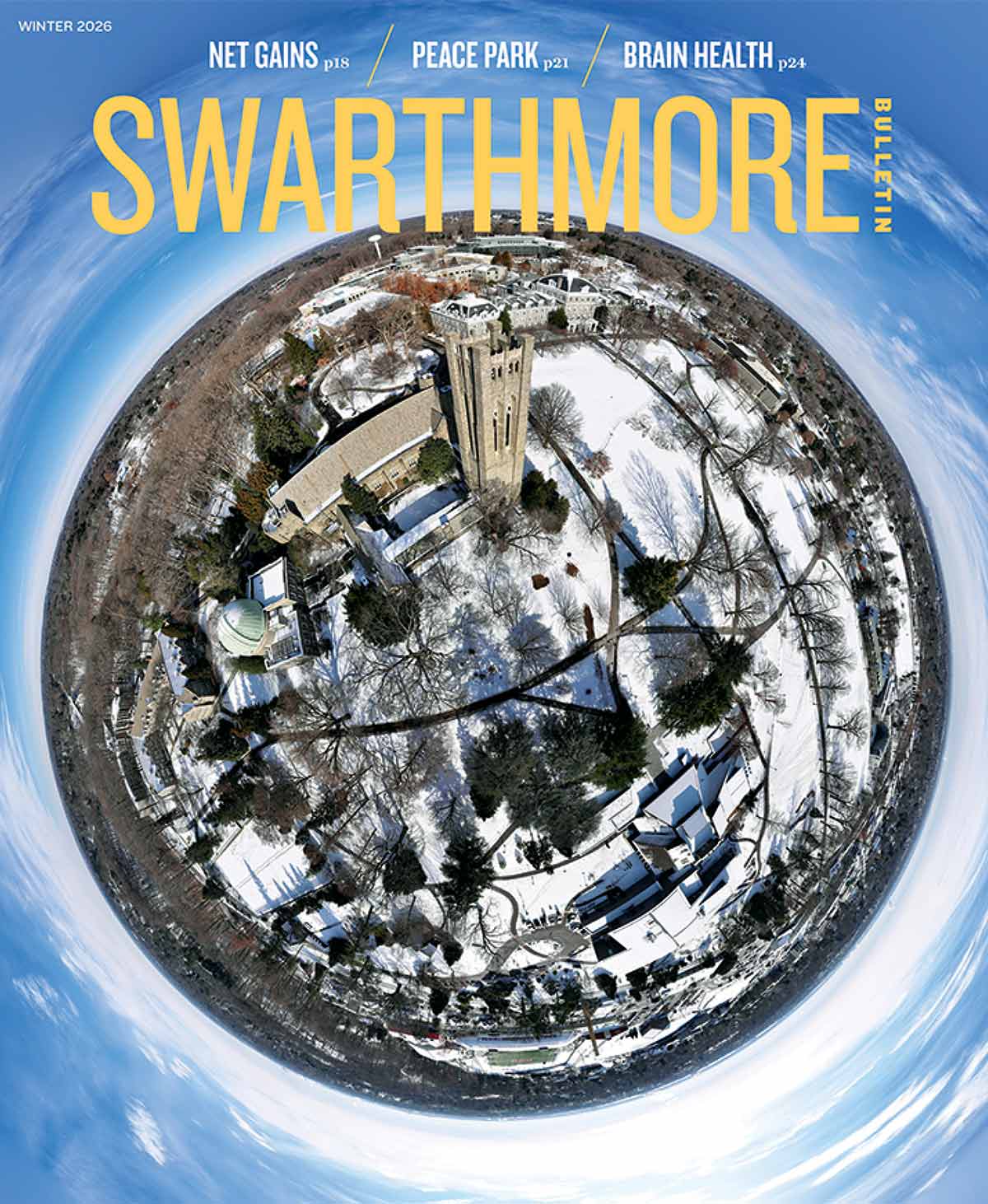 Cover of the Winter 2026 issue, featuring a drone shot of campus from above.