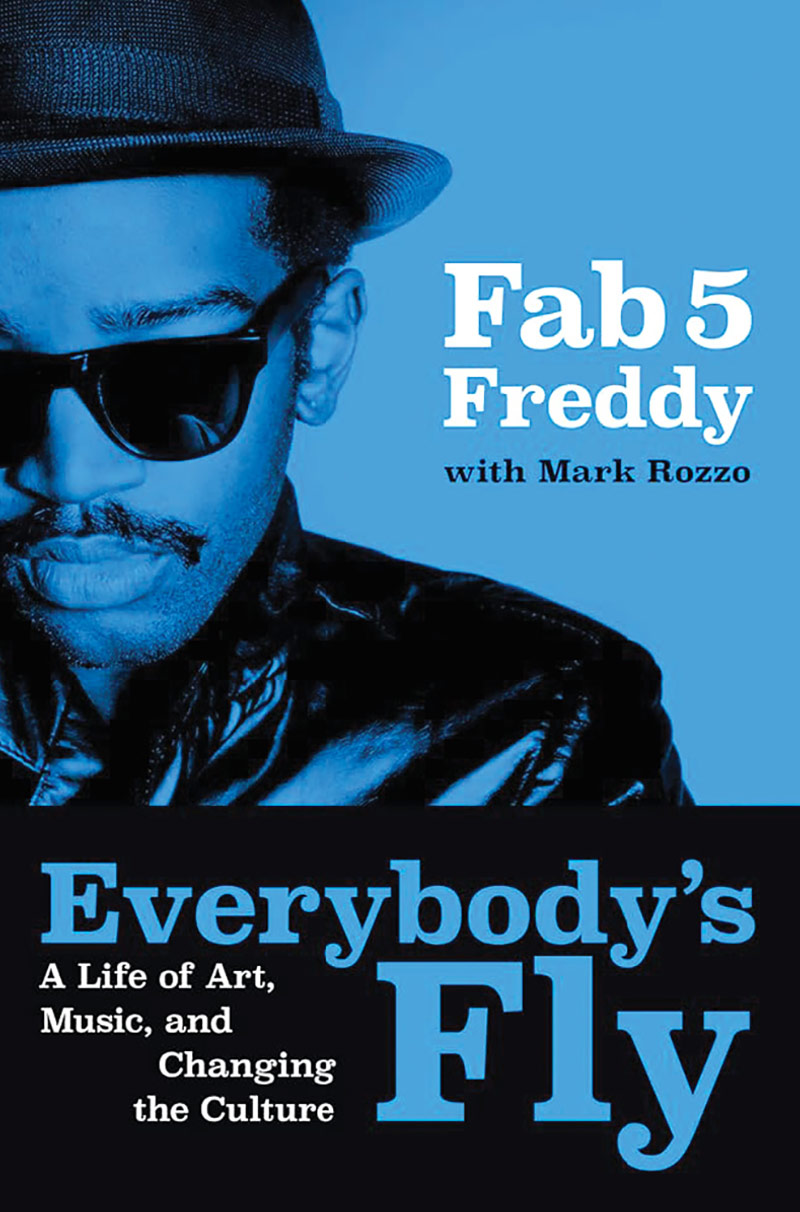 Book cover featuring a portrait of Fab 5 Freddy in black and blue.